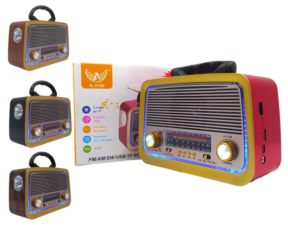 Caixa De Som Rádio Retrô 5W Portátil Funcional Com Bluetooth Recarregável USB Bivolt Altomex AD-3199