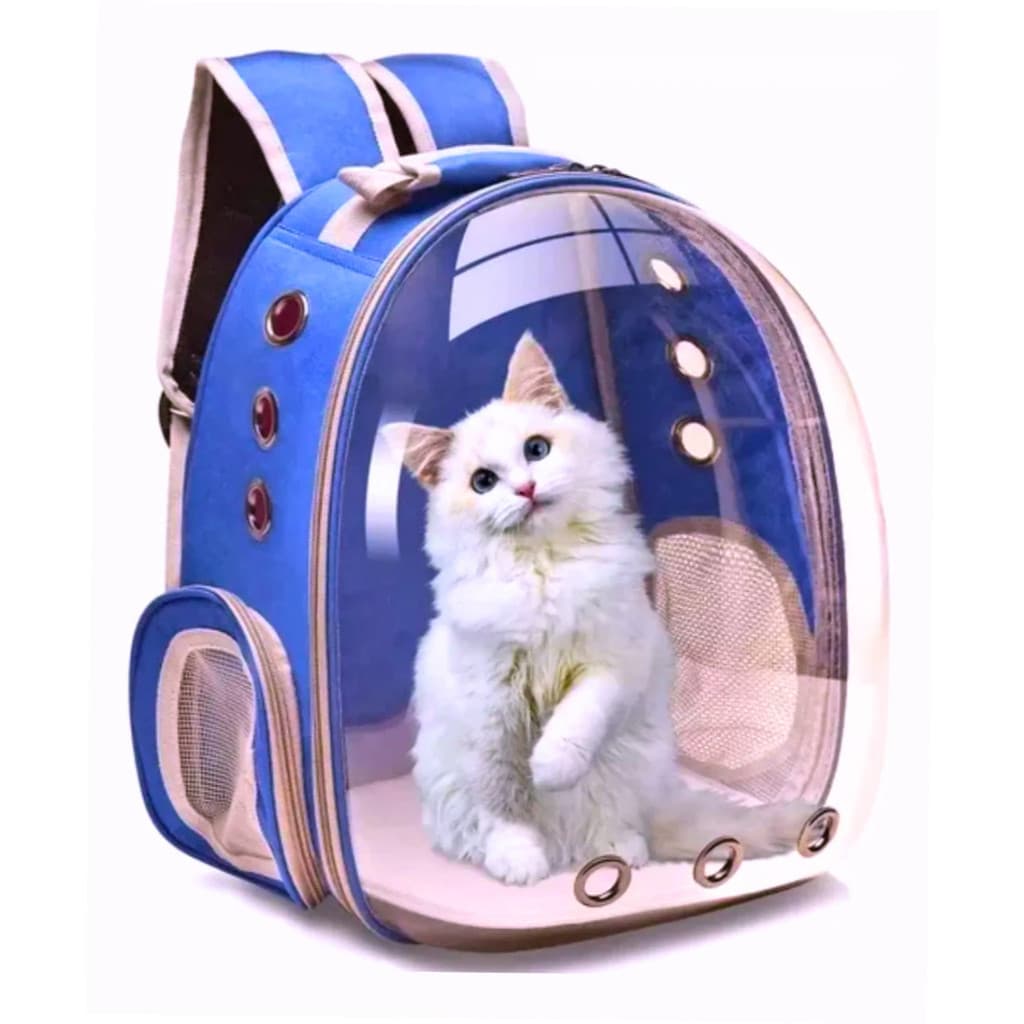 Mochila Pet Transporte para Cães e Gatos Visão Ampla com Entrada de Ar-Azul