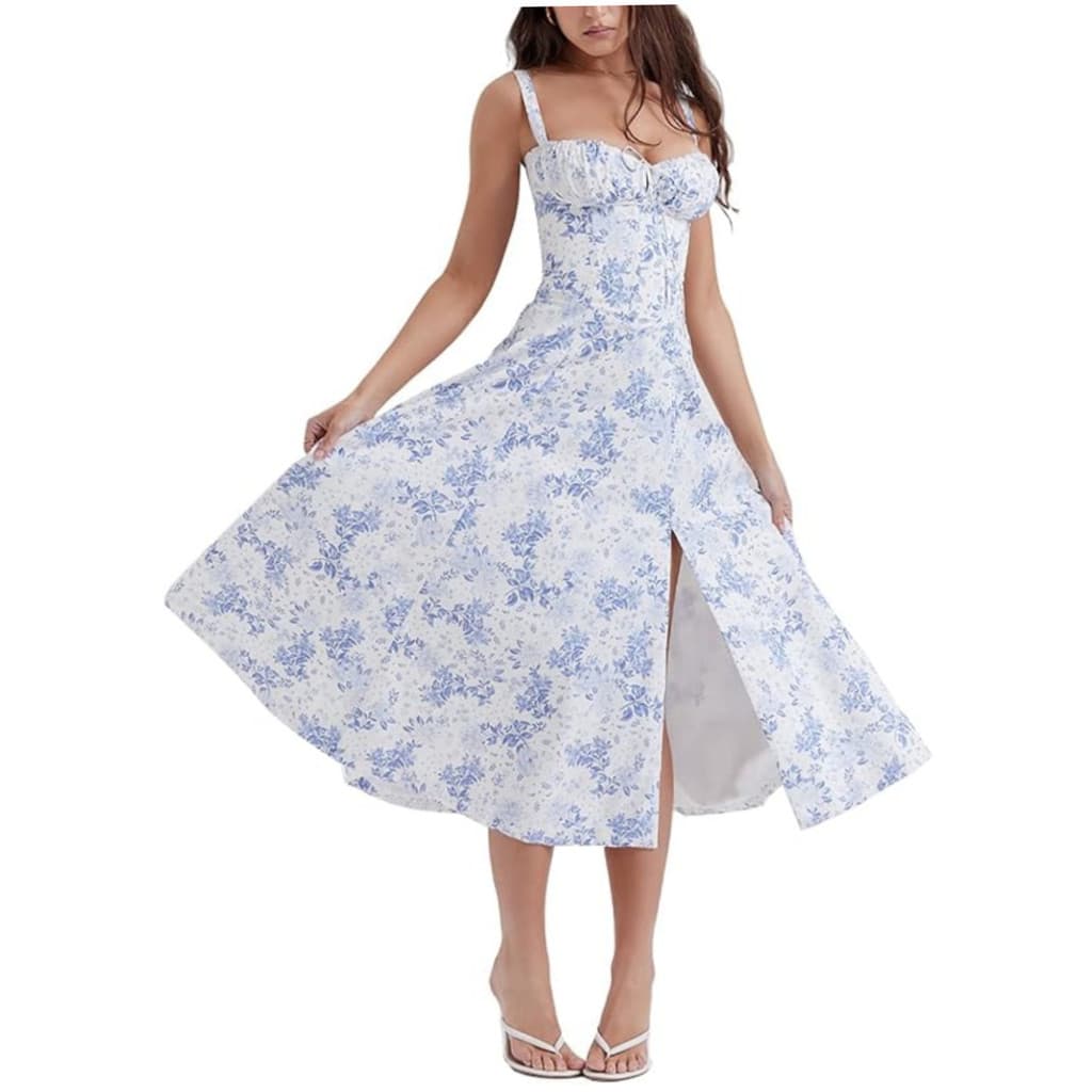 Vestido Floral Feminino Midi com Fenda Frontal e Decote Coração