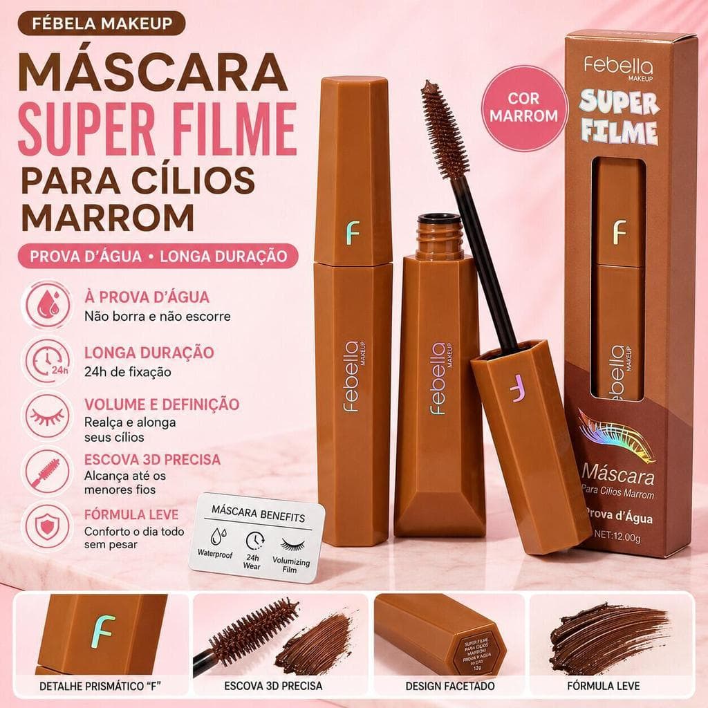 Máscara para Cílios Marrom Febella MA30421 Super Filme 12g Efeito Alongamento Volume e Fácil Aplicação