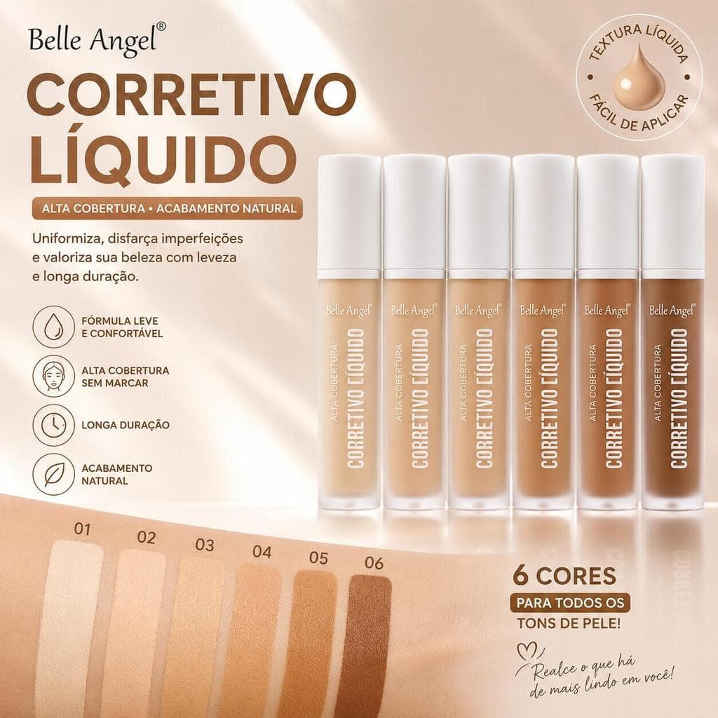 Corretivo Líquido Belle Angel B100-1 Cobertura Média a Alta Acabamento Natural Longa Duração