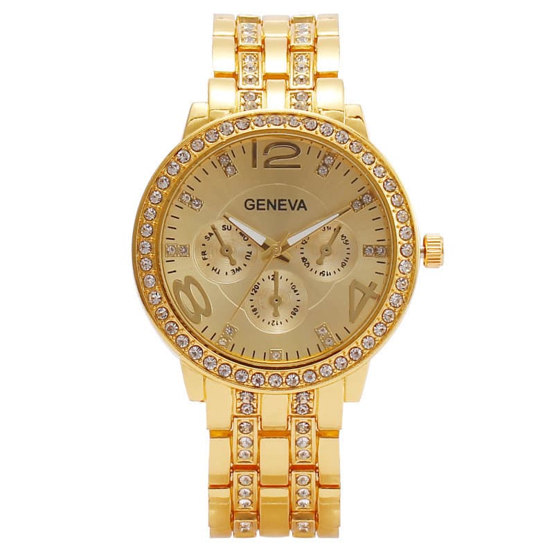 GD Relógio feminino Digital elegante com três olhos cravejado de diamantes Relógio feminino Relógio de quartzo Relógio d