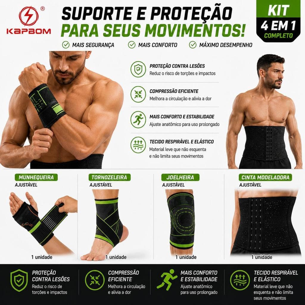 Kit Esportivo 4 ou 7 Itens com Munhequeira, Tornozeleira, Joelheira e Cinta Modeladora
