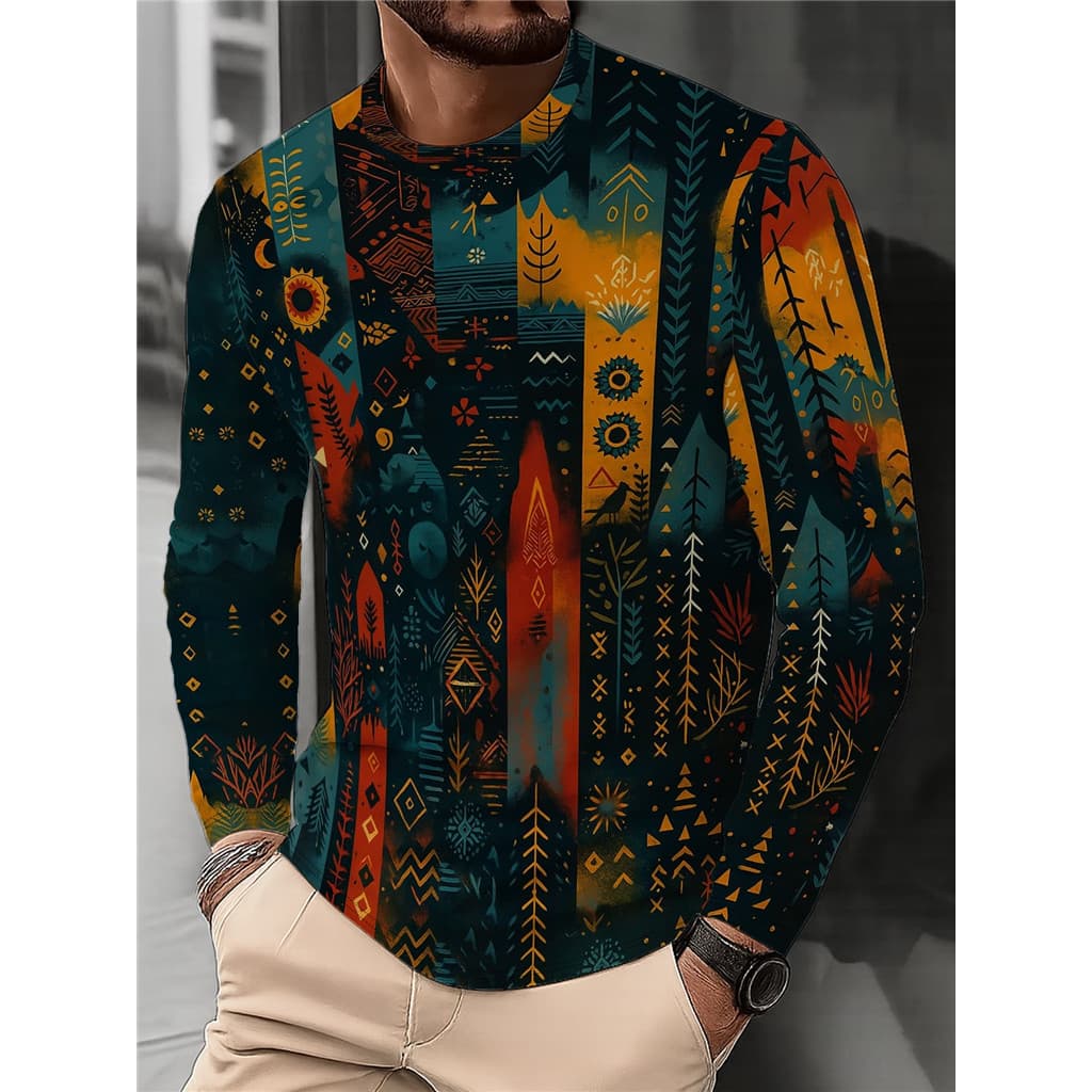 Camiseta Masculina Retrô Tribal Com Estampa Geométrica De Manga Comprida , Blusa Casual Vintage Boho Gola Redonda , Fash
