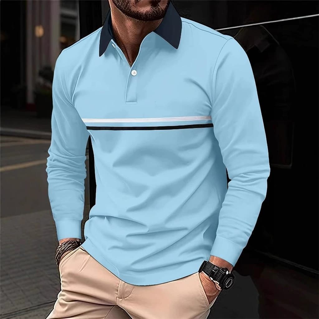 Camisa polo estampada em 3D com botão simples primavera outono masculina Casual camisa polo de negócios manga comprida