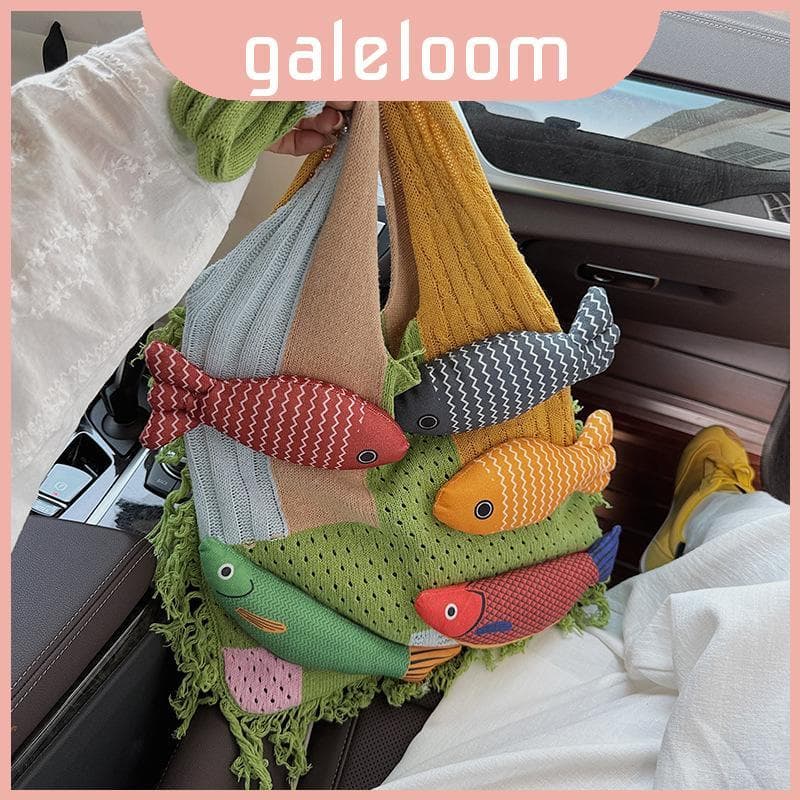 Bolsa Grande De Malha Feminina Com Decoração De Peixe E Uso Diário De Armazenamento Interno Para