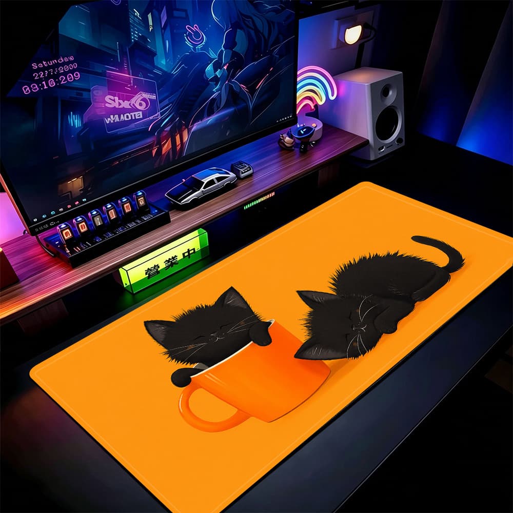 Mouse Pad Para Gatos Pretos Dormindo , 80x30cm , Tapete De Mesa Estendido Jogos , Base Antiderrapante , Bordas Costurada