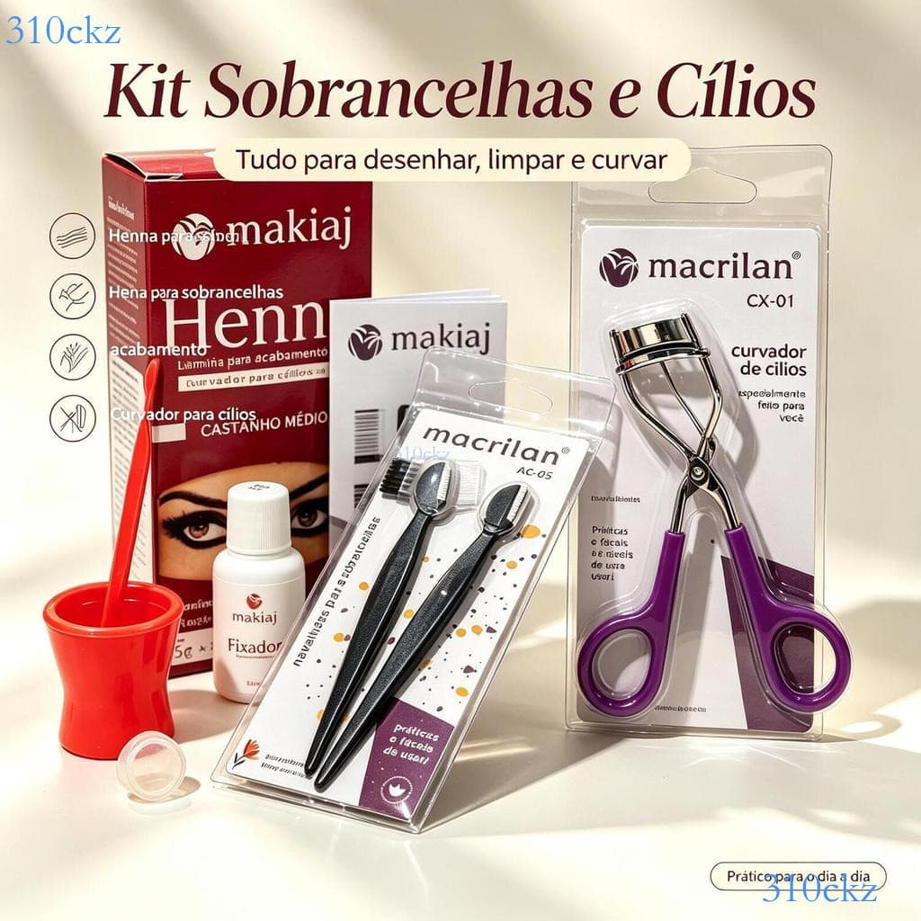 Kit Sobrancelhas e Cílios Makiaj + Macrilan: Henna, Curvador e Pinças para o Dia a Dia ✨310ckz