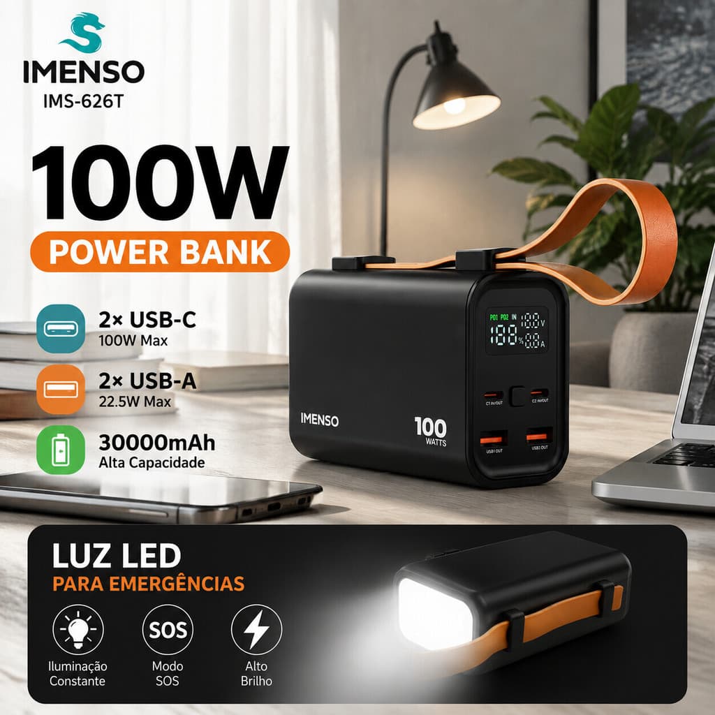 Carregador Portátil IMENSO 30000mAh 100W Tela Digital Lanterna para Aparelhos Móveis IMS-626T