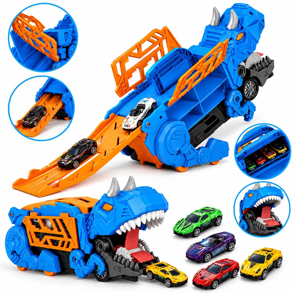 Caminhão Dinossauro 2 em 1 com Pista e 6 Carrinhos Brinquedo