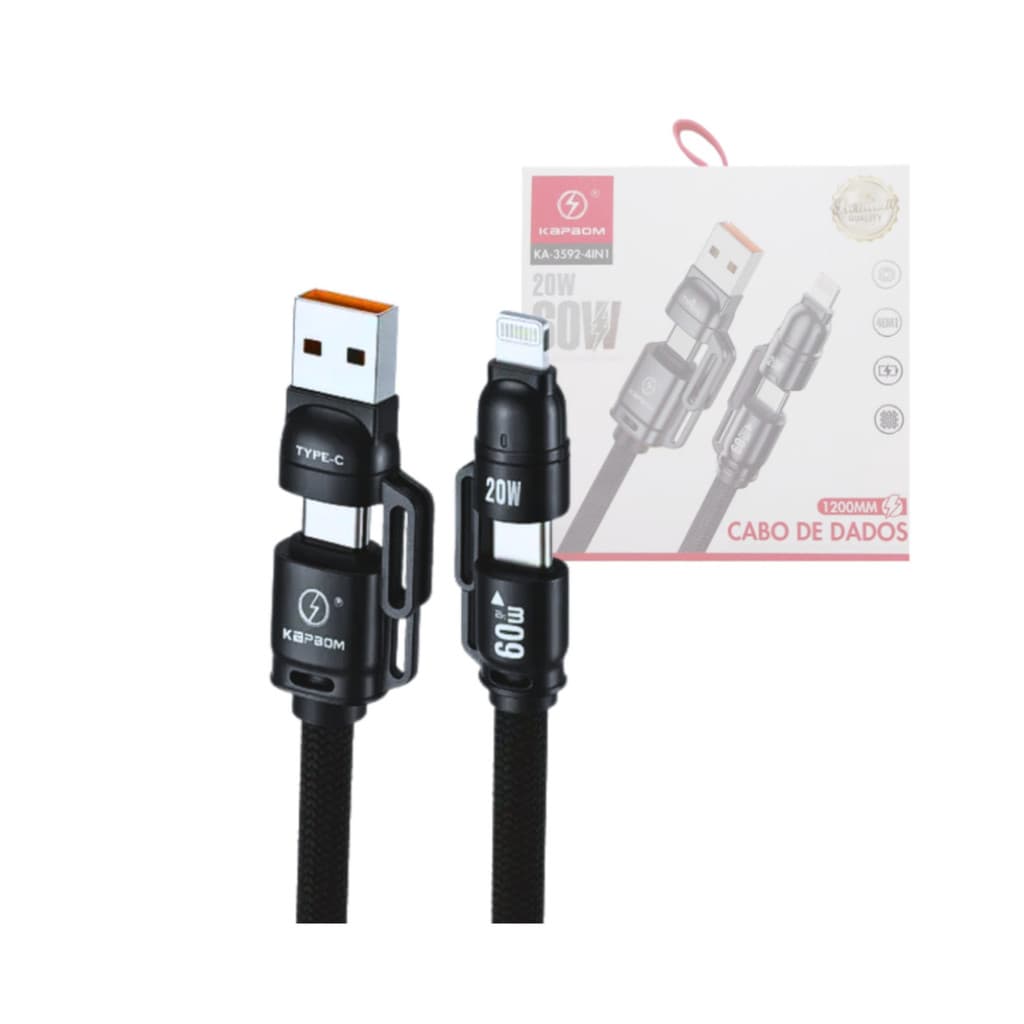Cabo de dados 4 em 1 (USB/2x TPC/Lightning) 60W de 1,20