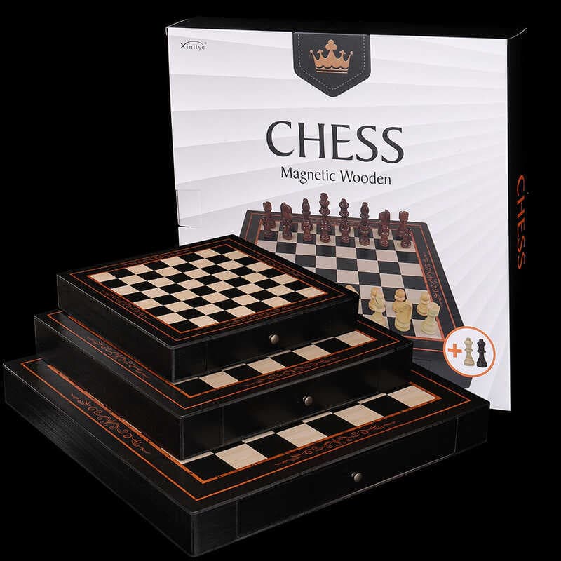 Xadrez de mesa de madeira com gaveta, jogo de tabuleiro educacional, xadrez de brinquedo