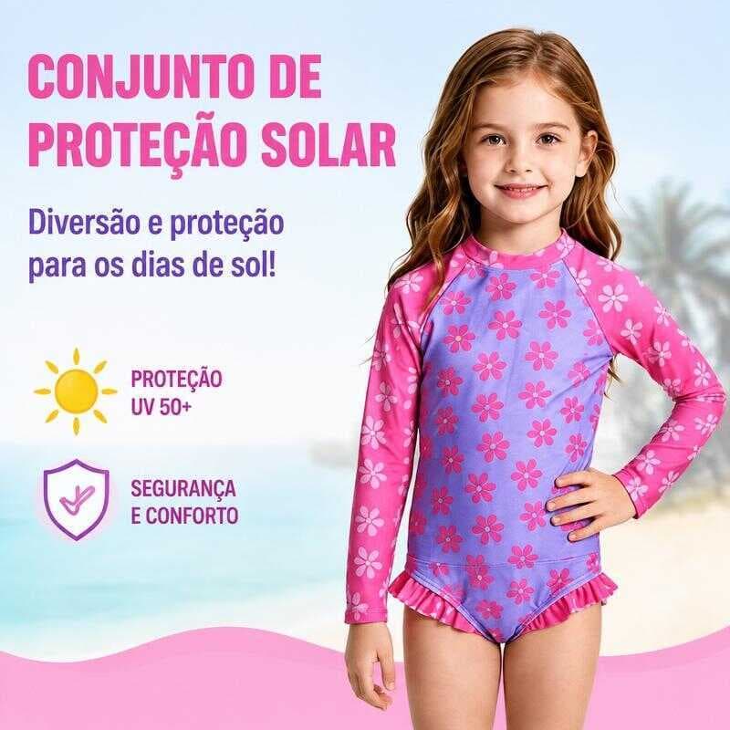 Maiô Infantil Menina Manga Longa Proteção UV Roupa de Estampa Floral Secagem Rápida para Piscina e Praia