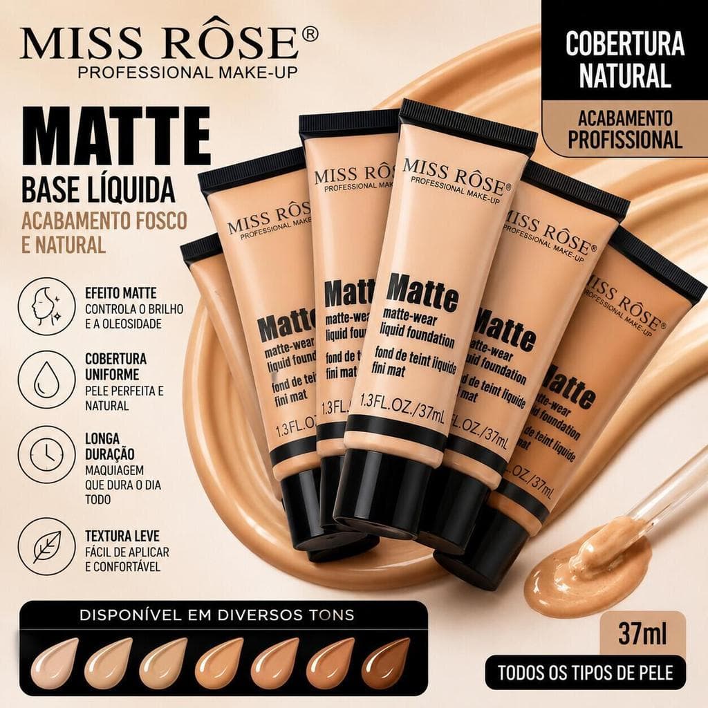 Base Líquida Miss Rôse Alta Cobertura Efeito Matte Resistente à Água BX7601-039Z1