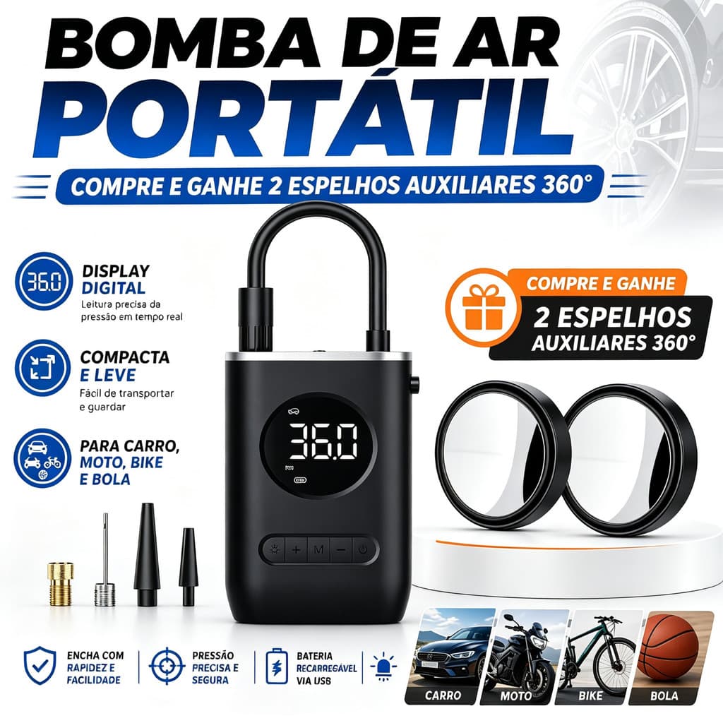 Calibrador Digital de Pneus Portátil – Mini Compressor para Carro, Moto, Bike e Bola + Brinde 2 Espelhos 360°