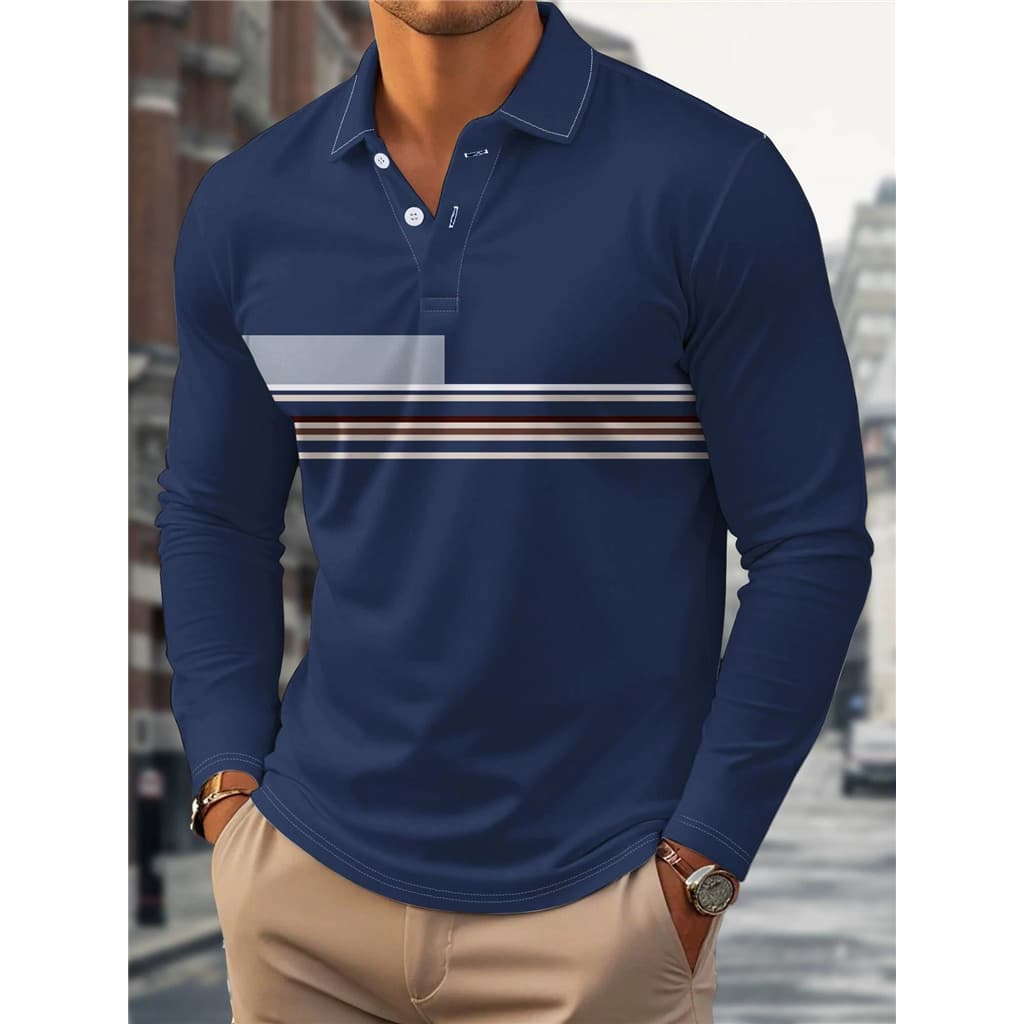 Cor correspondente simples botão 3D impresso camisa polo primavera outono masculino Casual negócios camisa polo manga lo