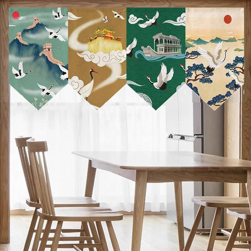 Japonês Ukiyo-e Guindaste Koi Peixe Triângulo Flâmula Cortina Tradicional Onda Impressão Janela Valance Sushi Restaurant