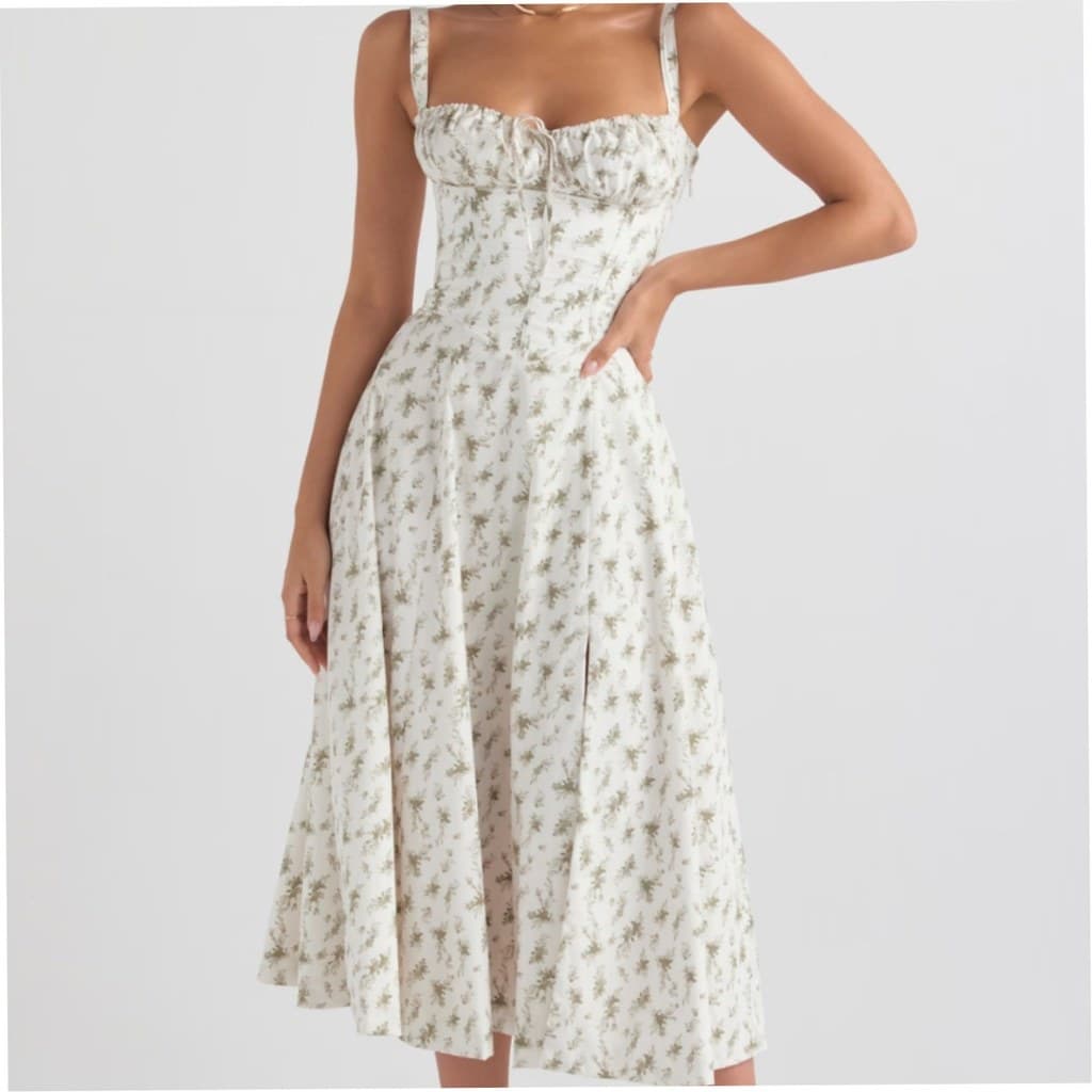 Vestido Midi Floral Off White Feminino Corpete Estruturado Saia Rodada Elegante Casual Verão