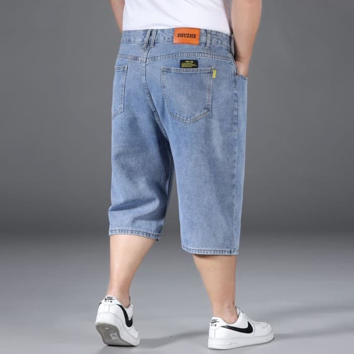 Verão estilo fino mais gordura plus Size Denim Shorts masculino solto Casual calças cortadas elástico perna larga gordur