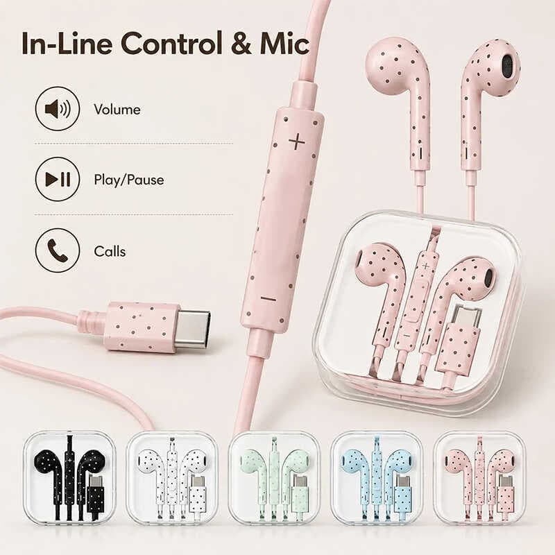 Fones De Ouvido Com Fio De Bolinhas Estilo Coreano Microfone De Controle Tipo-C Para Jogos