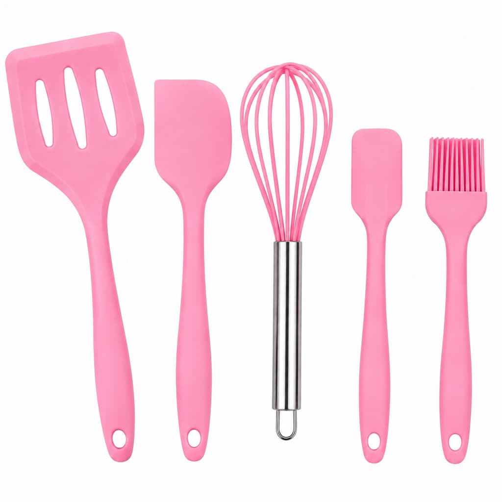 Jogo de Utensílios de Cozinha em Silicone – 5 Peças (ROSA)