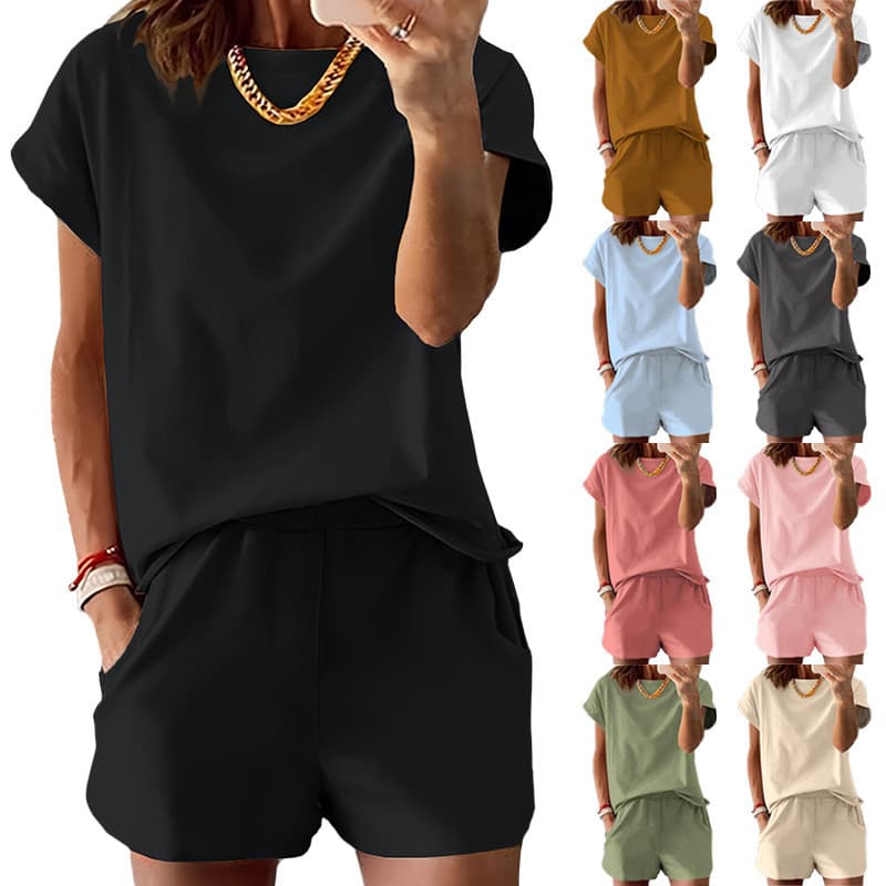 Verão feminino vila cor terno camiseta Top + Shorts terno de 2 peças
