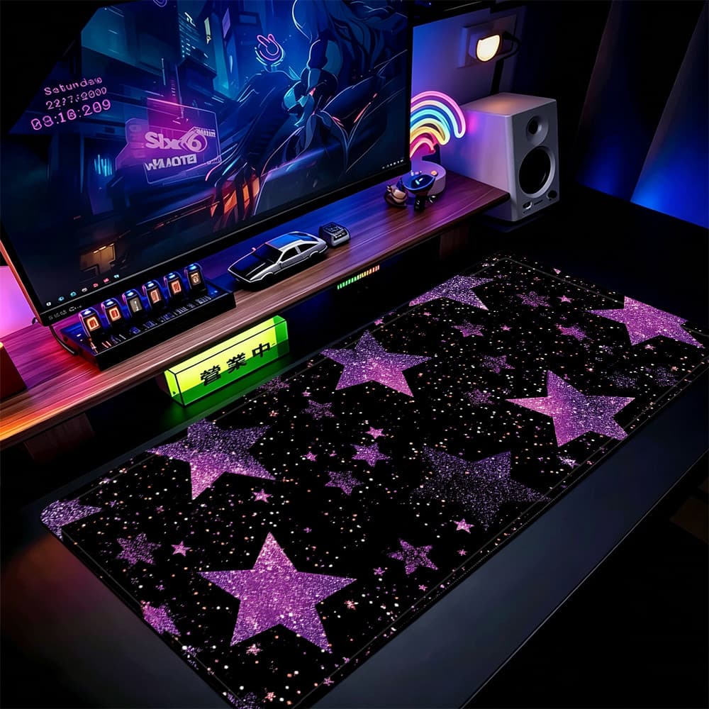 Roxo Glitter Star Mouse Pad 80x30cm Tapete De Mesa Estendido Para Jogos Base Antiderrapante Bordas Costuradas