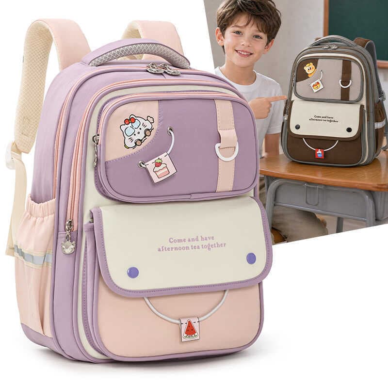 Nova bolsa de escola primária simples contraste cor grande capacidade meninos meninas mochila luz All-Match grau 3-6 sac