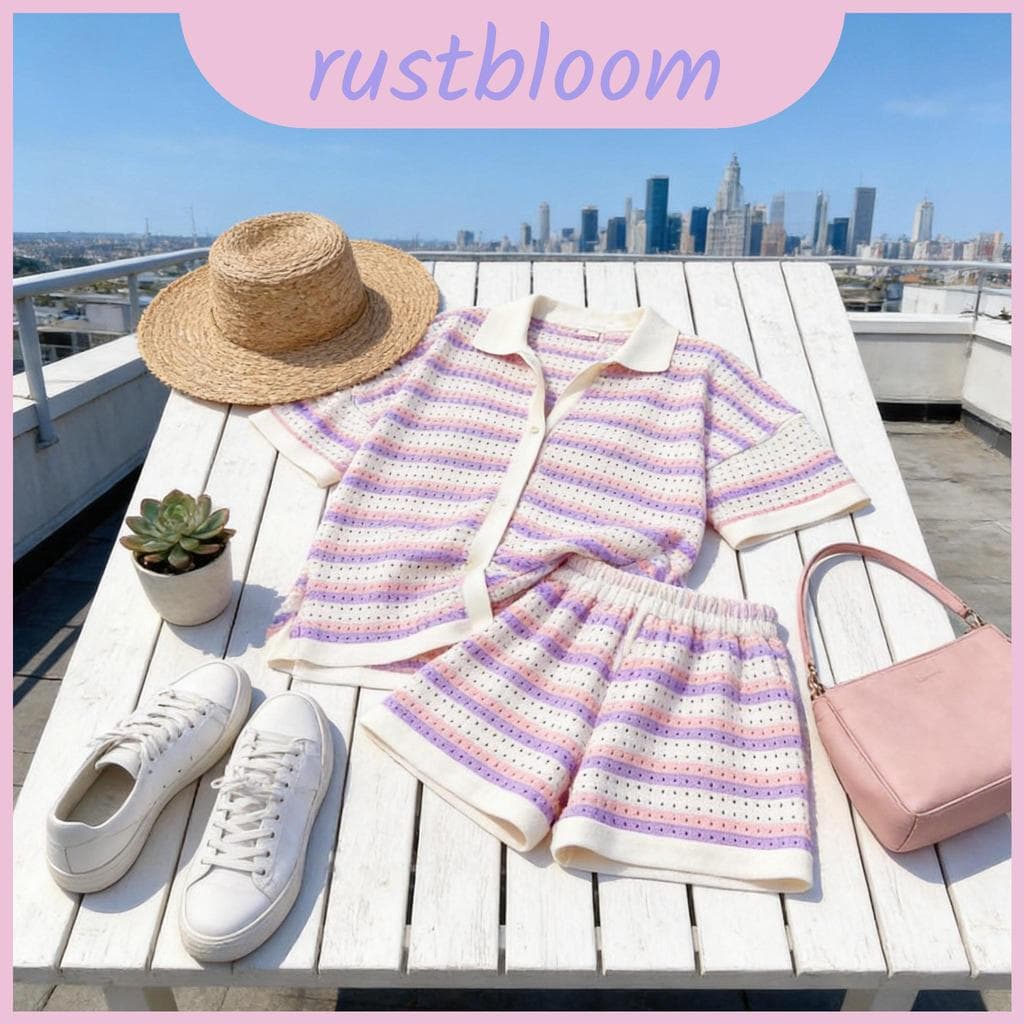 Conjunto Feminino De Malha Aberta Com Camisa E Shorts De Manga Curta Para Uso Casual Na Temporada