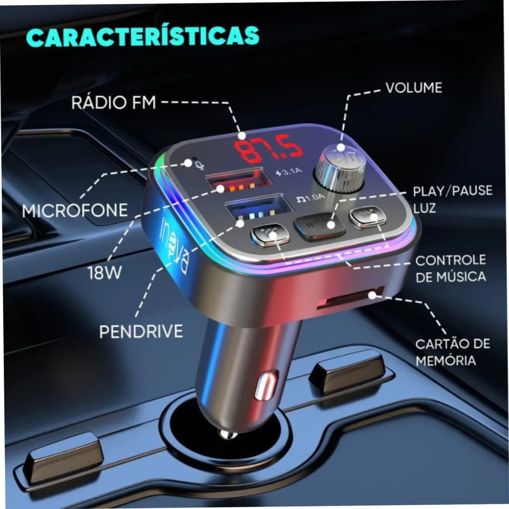 Carregador Veicular Bluetooth com MP3 e 2 USB: carregue seus aparelhos e curta suas músicas favoritas com praticidade!