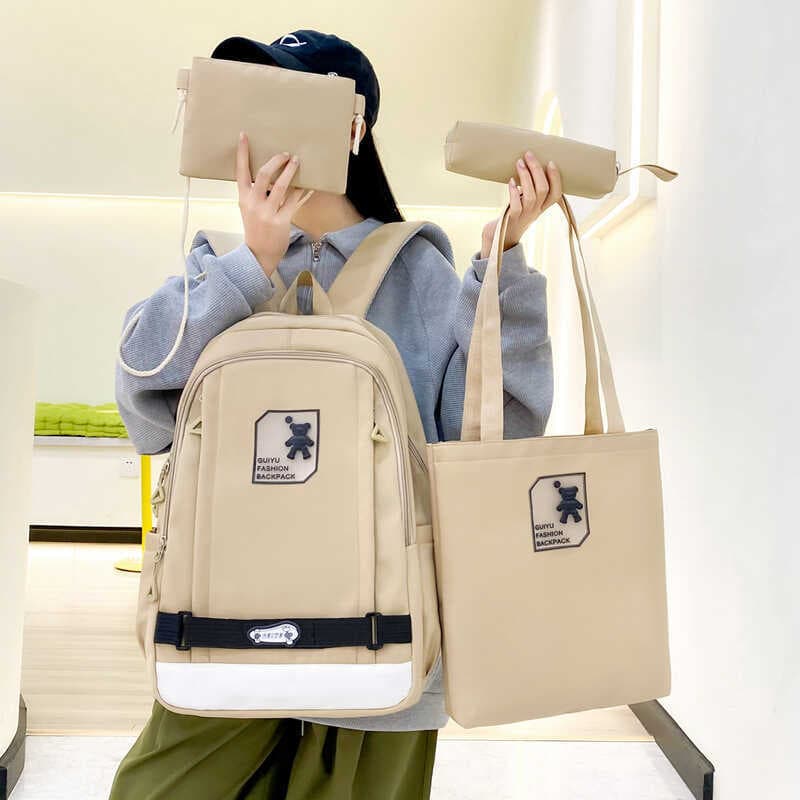 Mochila escolar à prova d'água, estilo Preppy, masculino, feminino, estudante, conjunto de quatro peças, textura, alça d