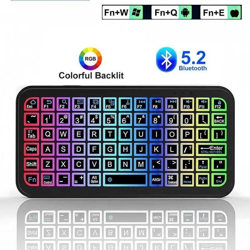 Teclado Sem Fio Bluetooth 5.2 RGB Retroiluminado Ultrafino Mudo Mini