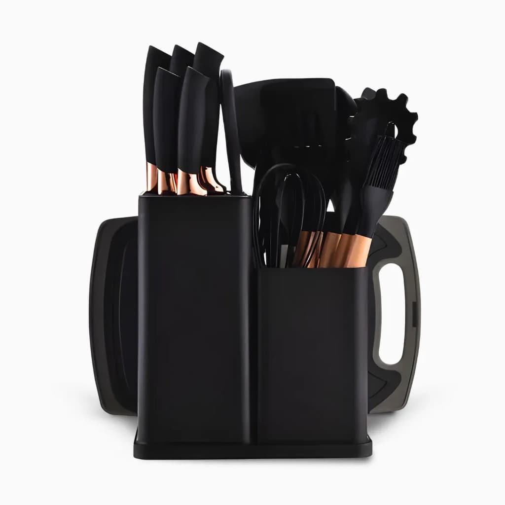 Kit Completo Utensílios de Cozinha 19 Peças Silicone Preto P