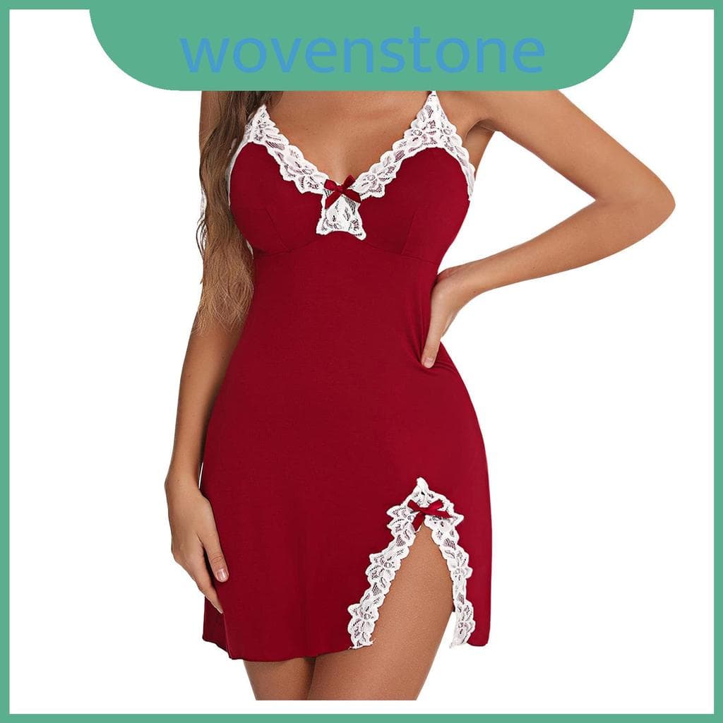 Camisola De Seda De Renda Para Mulheres Com Decote Em V E Laço Lateral Dormir