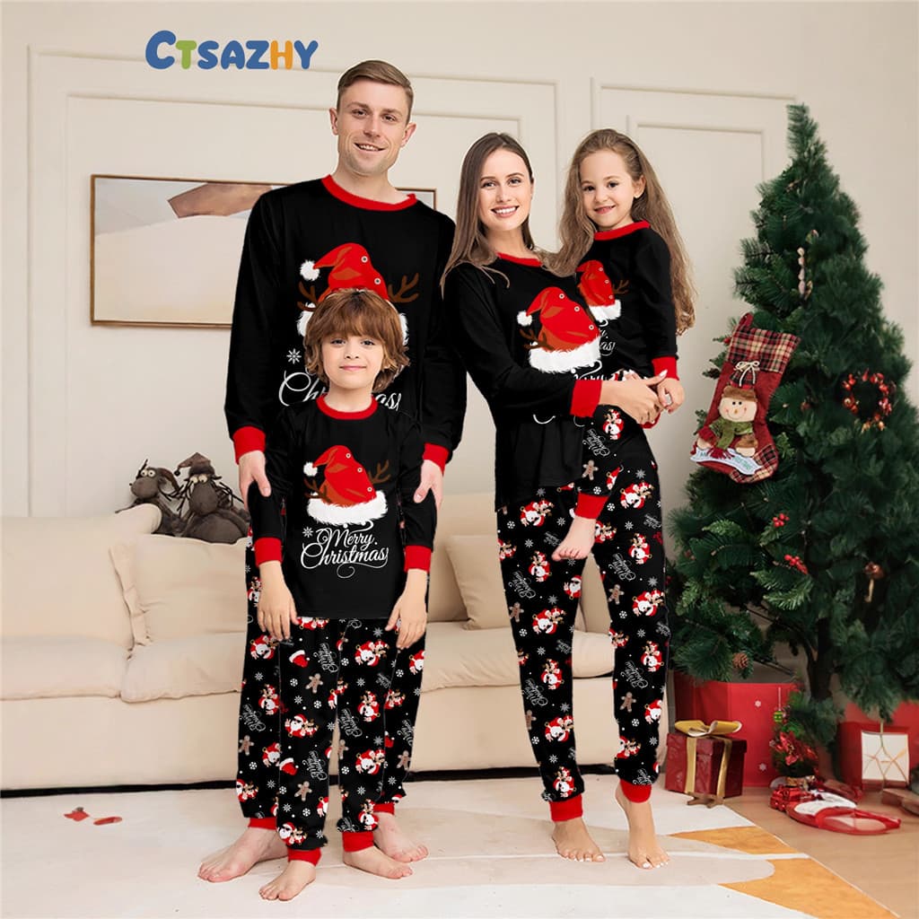 Natal Família Combinando Roupas Chapéu De Papai Noel Impressão Bonito Pijamas Conjunto 2 Peças Terno Macio Solto Olhar