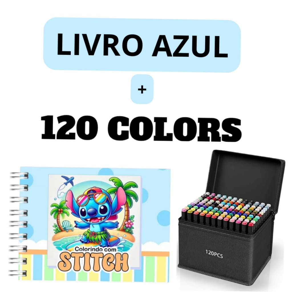 Kit Livro de Colorir LIL.STI Azul + 120 Canetas Dupla Ponta Estojo Organizador A5