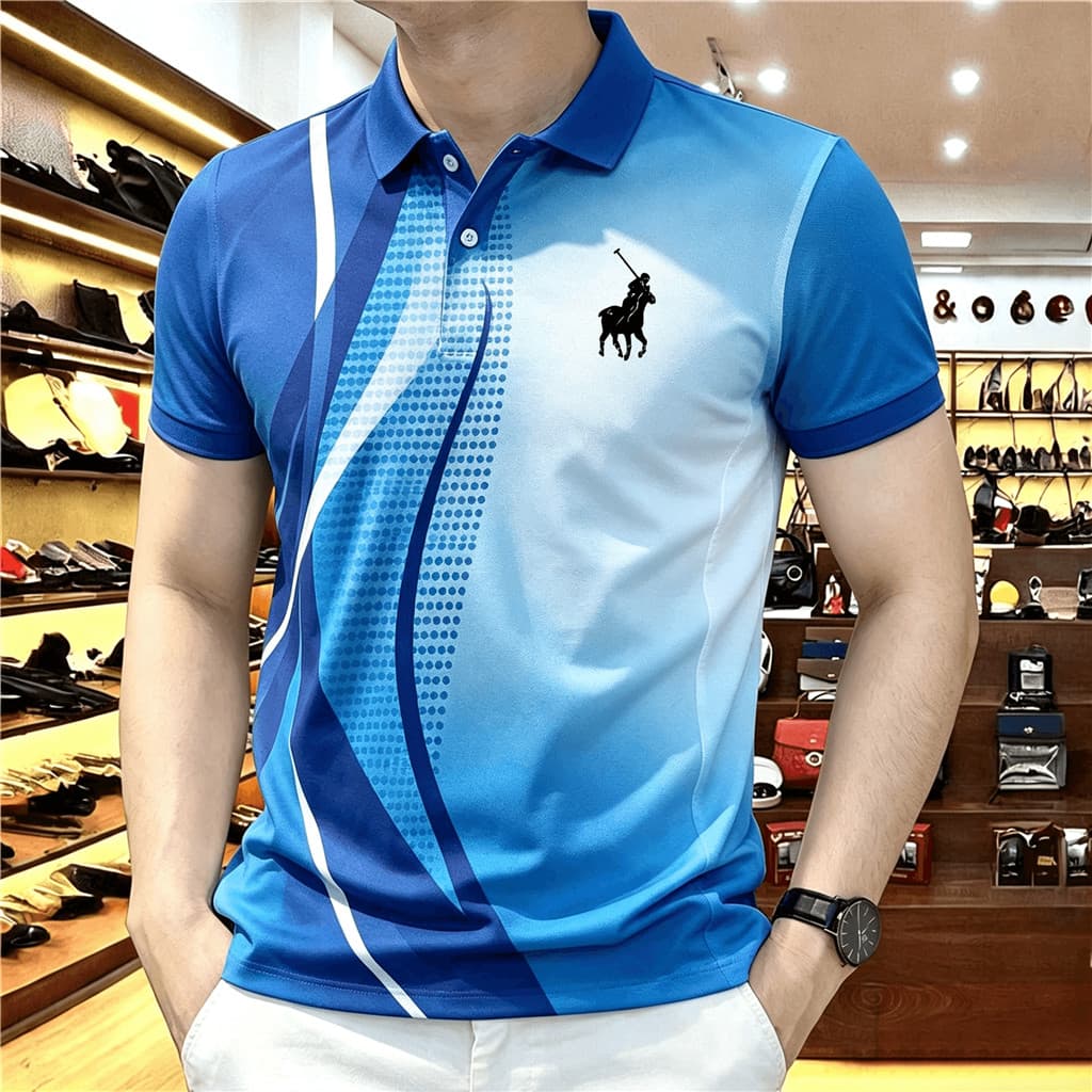 Camisa Polo Masculina Moderna De Lapela , Emblema De Cavalo , Estampa De Listras Pontilhadas Azuis Gradientes , Manga Cu