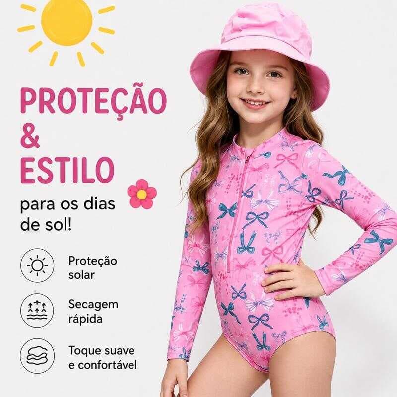 Maiô manga longa infantil com chapéu proteção solar, estampa laços, macaquinho de banho para menina