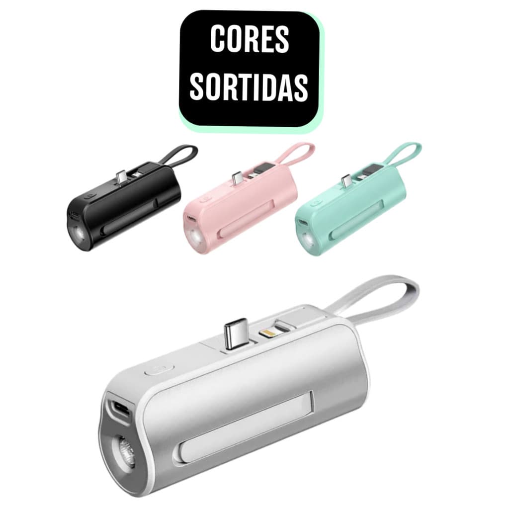 Carregador Portátil Power Bank 5000mAh Mini 2 em 1 Tipo-C Lightning LED Kapbom