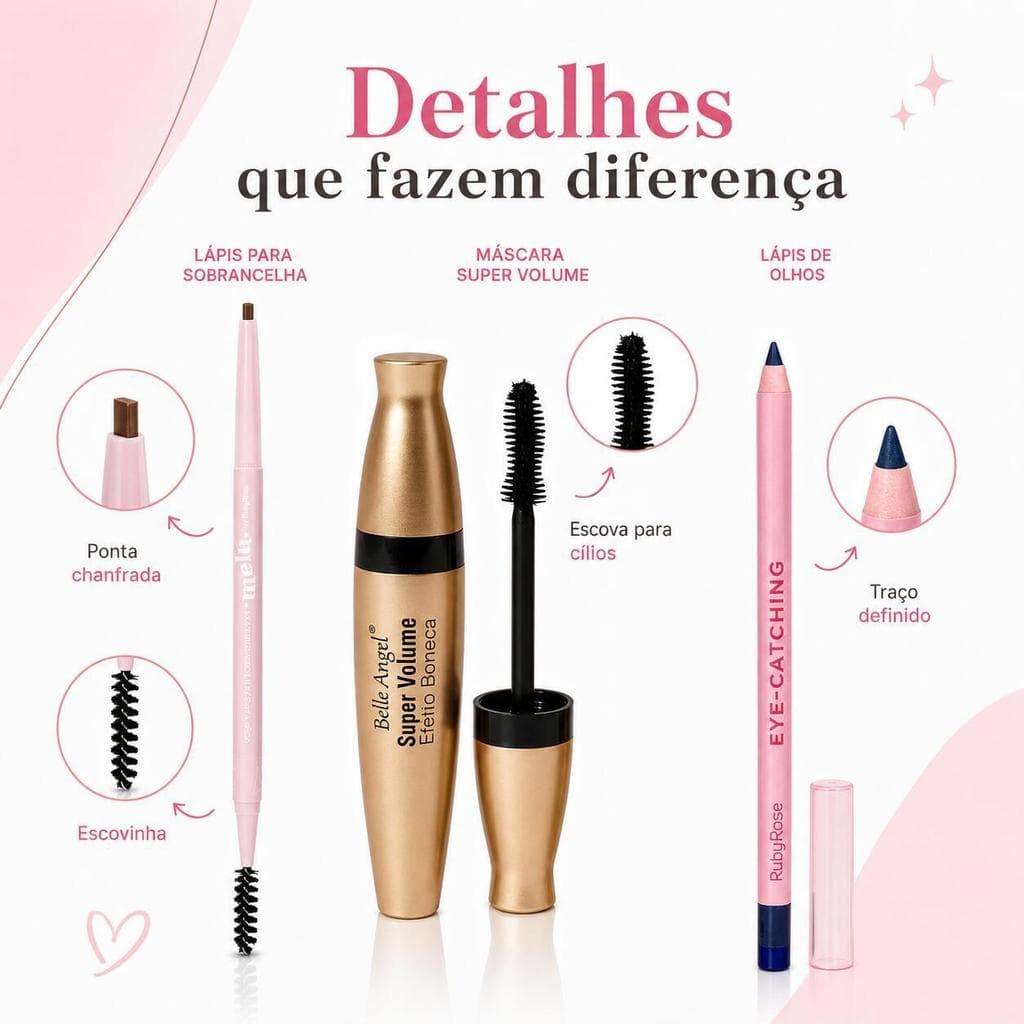 Kit de Maquiagem para Olhos: Sobrancelha 2 em 1, Máscara e Lápis | 3 Itens para Dia a Dia
