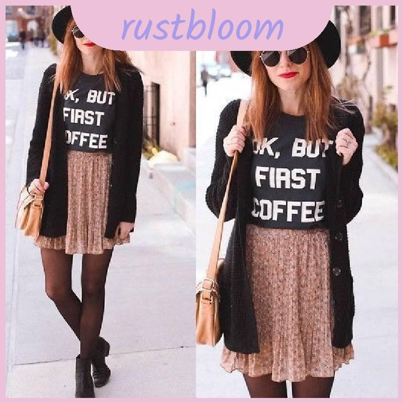 Camiseta Gráfica Premium Blend Cotton Ok Mas First Coffee Em Tamanhos Para S Xxxl