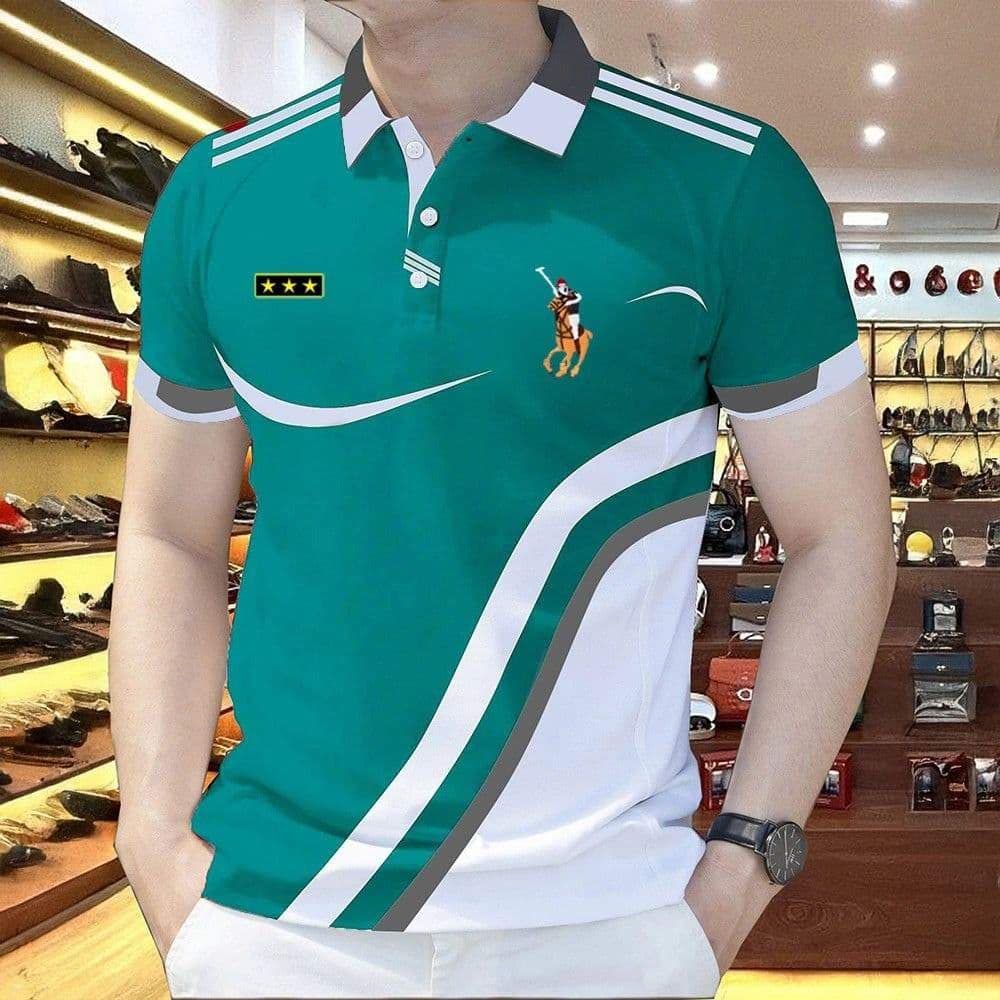 Camisa Polo Masculina Curva Listrada Estrela Cavalo Moda Manga Curta Top
