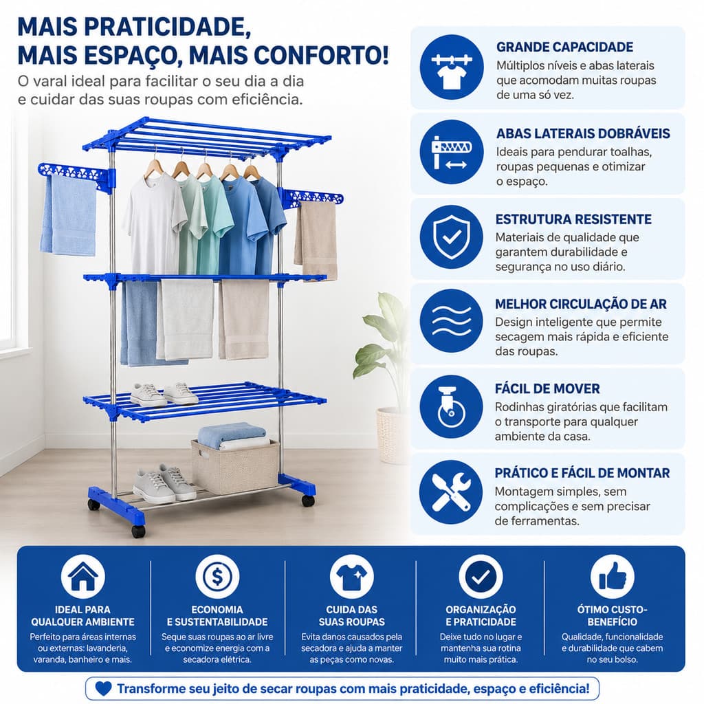 Varal Torre 3 Andares Inox Retrátil Compacto (variad