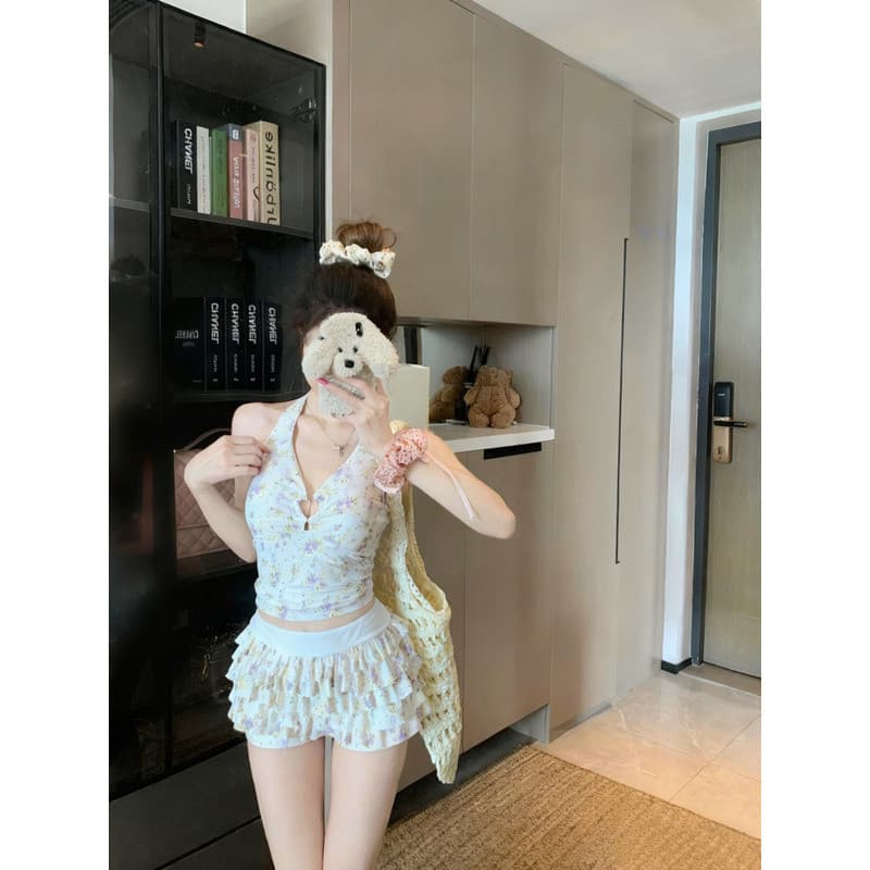2025 puro desejo divisão saia estilo maiô feminino mais magro olhar gordura-cobrindo Floral Halter pescoço pequenos seio