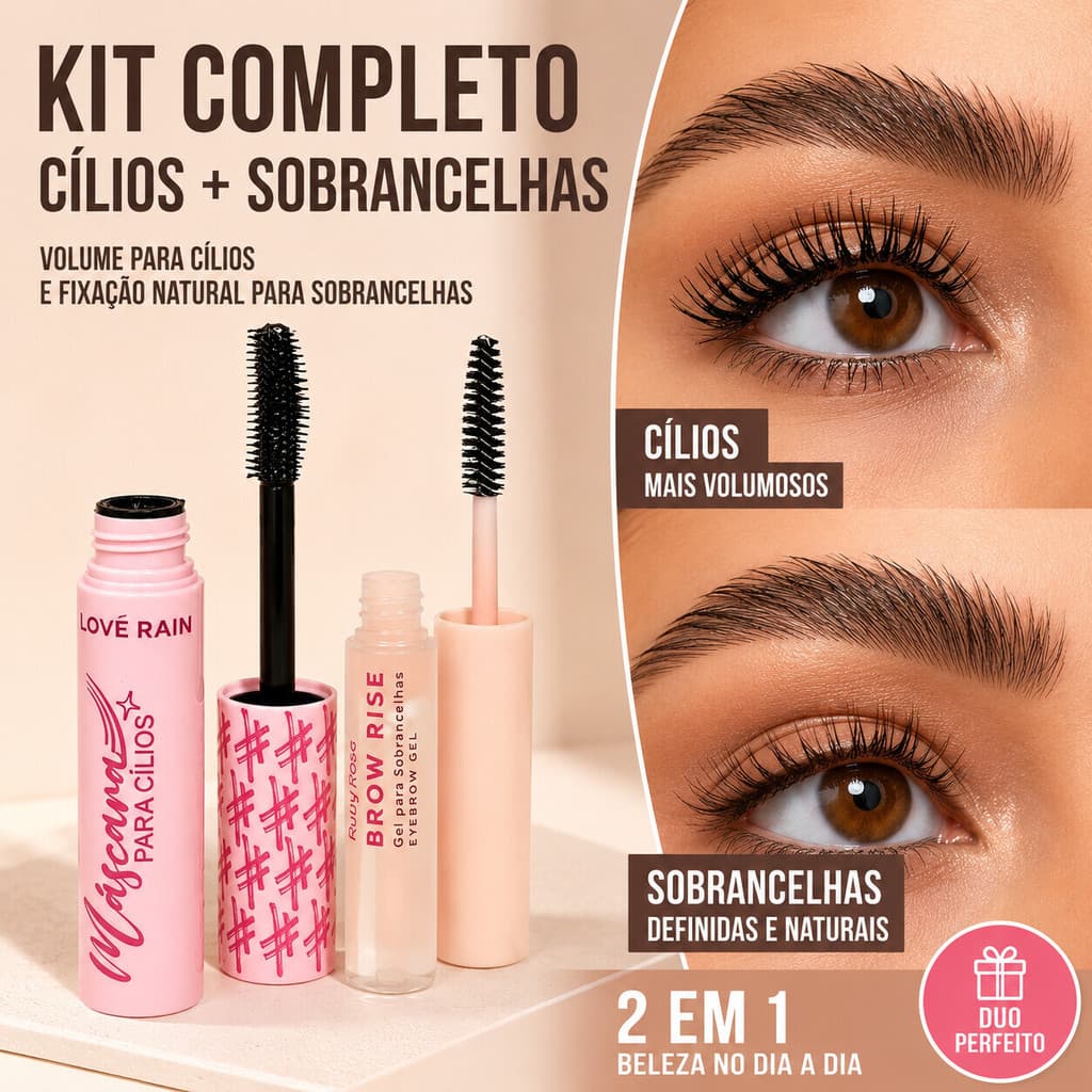 Kit Ruby Rose Gel Brow Rise + Love Rain Máscara para Cílios – Volume e Fixação Natural HB-E2503+LR-7075