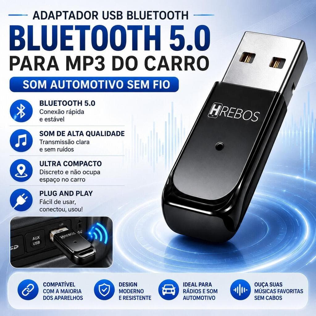 Adaptador Bluetooth USB para Carro Hrebos Car Connect AD-215 Música Chamadas sem Fio e Design Compacto