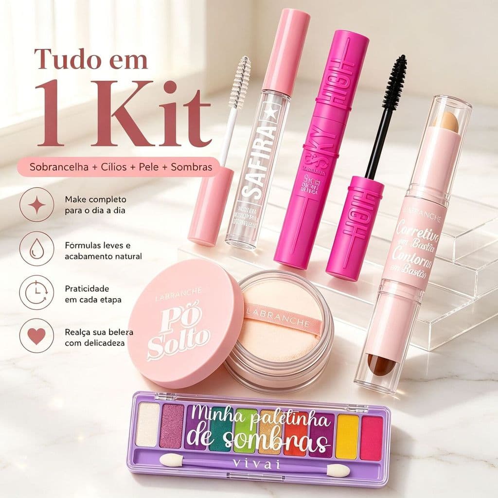 Kit Maquiagem 4 Itens – Paleta de Sombras + Rímel + Gel para Sobrancelha + Pó, Corretivo e Contorno 3 em 1