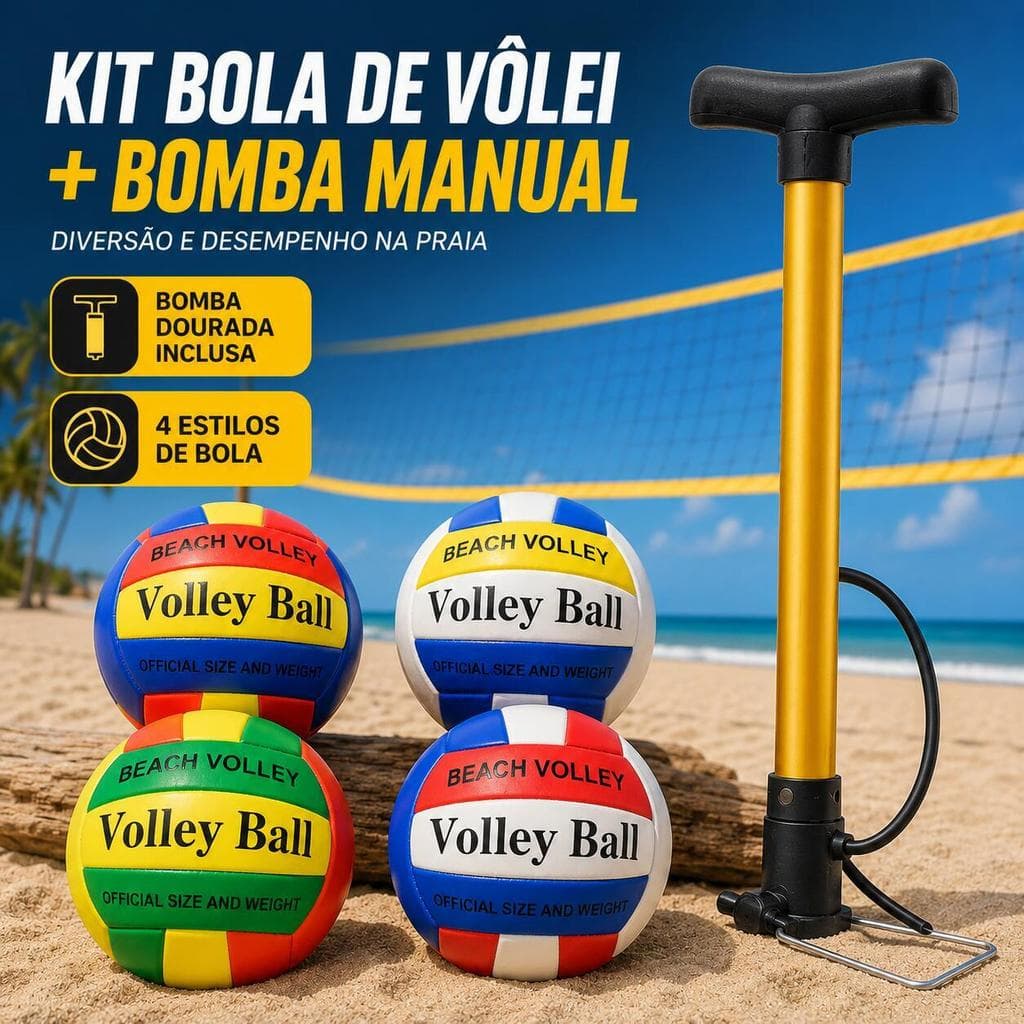 Kit Bola de Vôlei de Praia + Bomba Manual Dourada 50cm Beach Volley Bola Esportiva Praia
