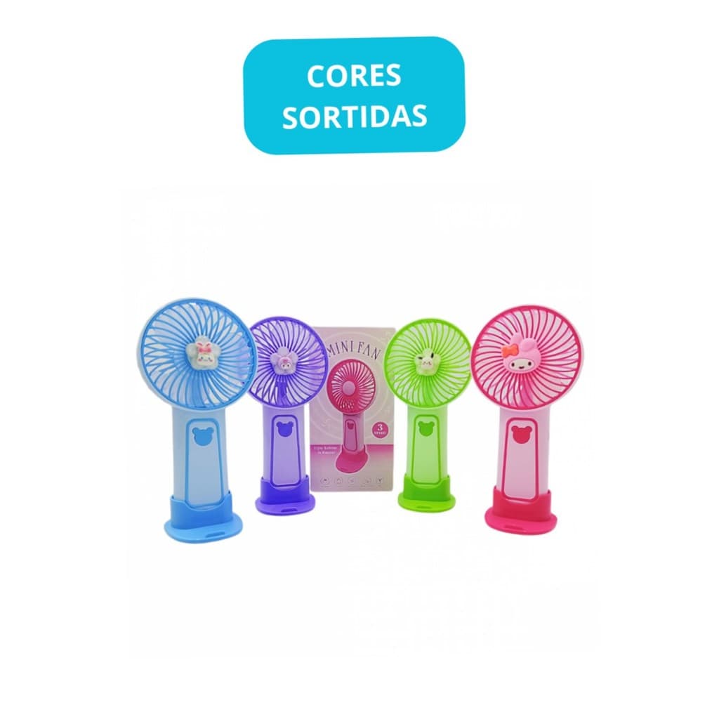 Mini Ventilador Portátil Recarregável de Mesa USB 3 Velocidades Silencioso com Base Logo Urso Cores Sortidas