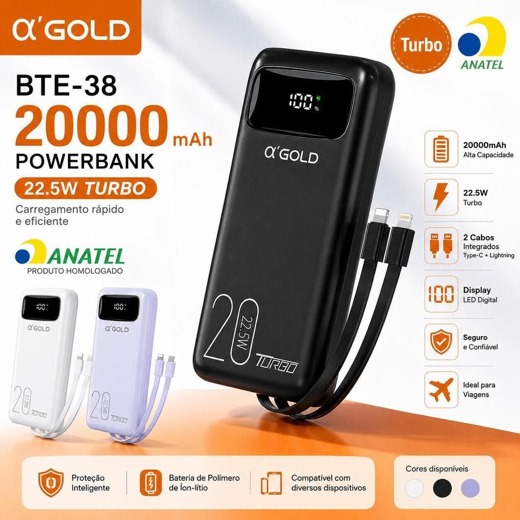 A'Gold Power Bank 20000mAh BTE-38 com 2 Portas USB para Carregar Celular e Tablet Simultaneamente